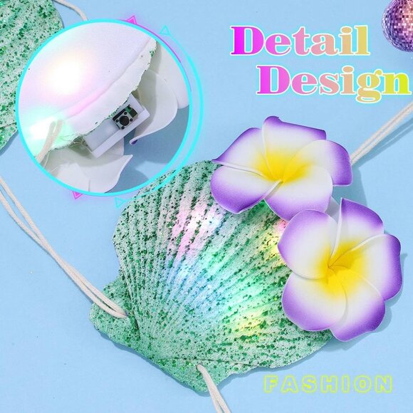 Light Up 2 Green Mermaid Shell Bra Glowing Bikini Top Flower Rave Outfits Women - Picture 6 of 6